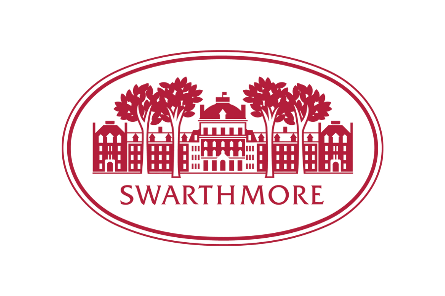 Red circular logo with the name "Swarthmore" at the bottom, featuring a detailed illustration of multiple buildings and tall trees in the middle.
