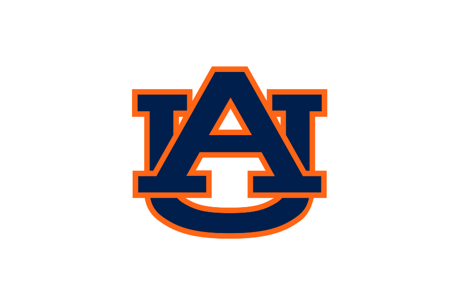 Logo of Auburn University featuring a stylized letter 'A' in navy blue with orange outline, and a curved line beneath.