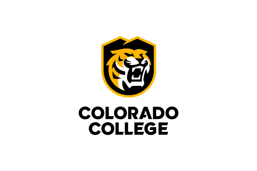 A logo featuring a black and yellow shield with a stylized lion's head. Below, the text reads "Colorado College" in black.