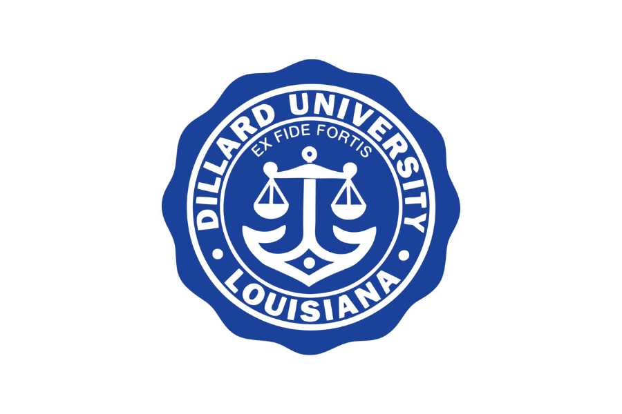 Seal of Dillard University in Louisiana with a blue underscore, features a balanced scale on an anchor with the motto 'FID E FORTIS'.