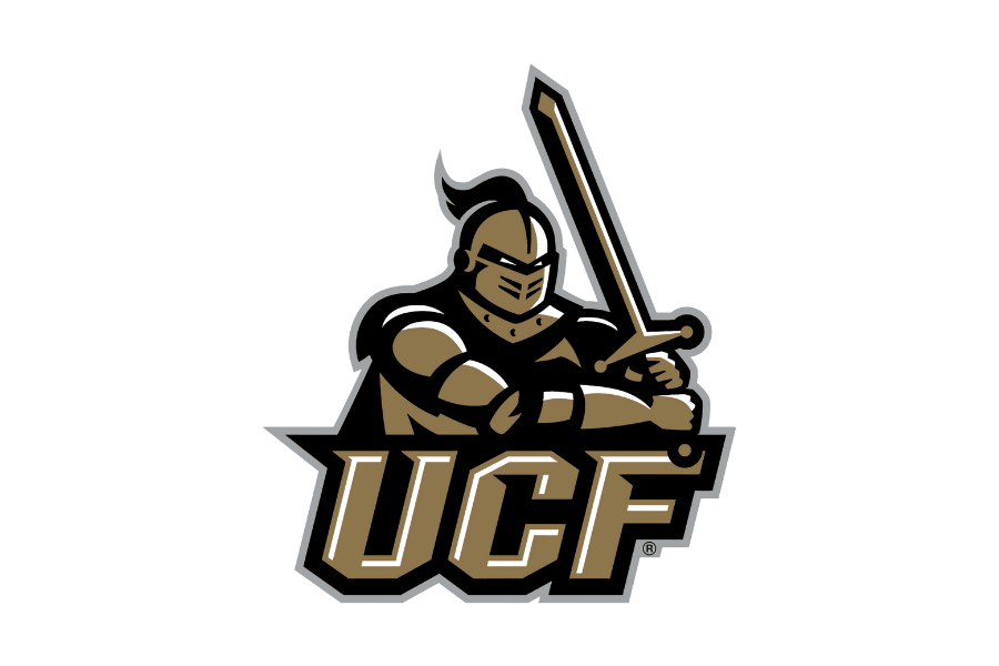 UCF logo featuring a stylized knight with a sword, in black and gold colors.