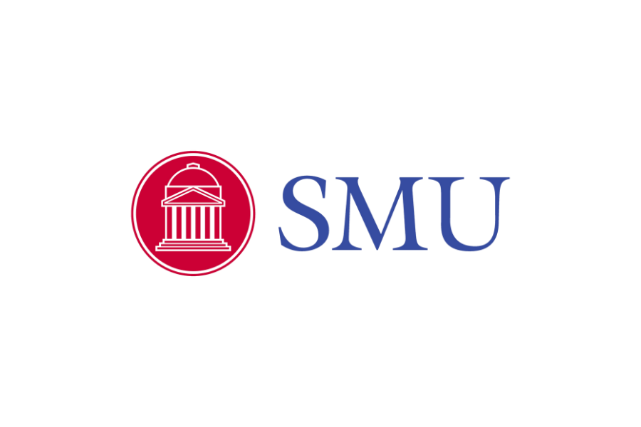 Logo for SMU (Southern Methodist University) featuring a red circle with a white classical building icon and the letters 'SMU' in blue.