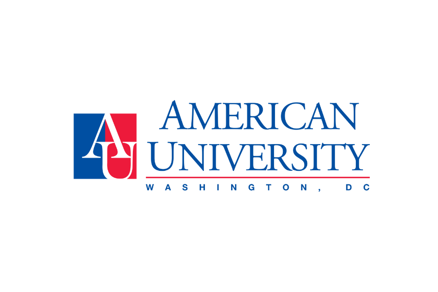 Logo of American University with red and blue colors, featuring a stylized U and an aerial tramway, with text 'American University Washington, D.C.'