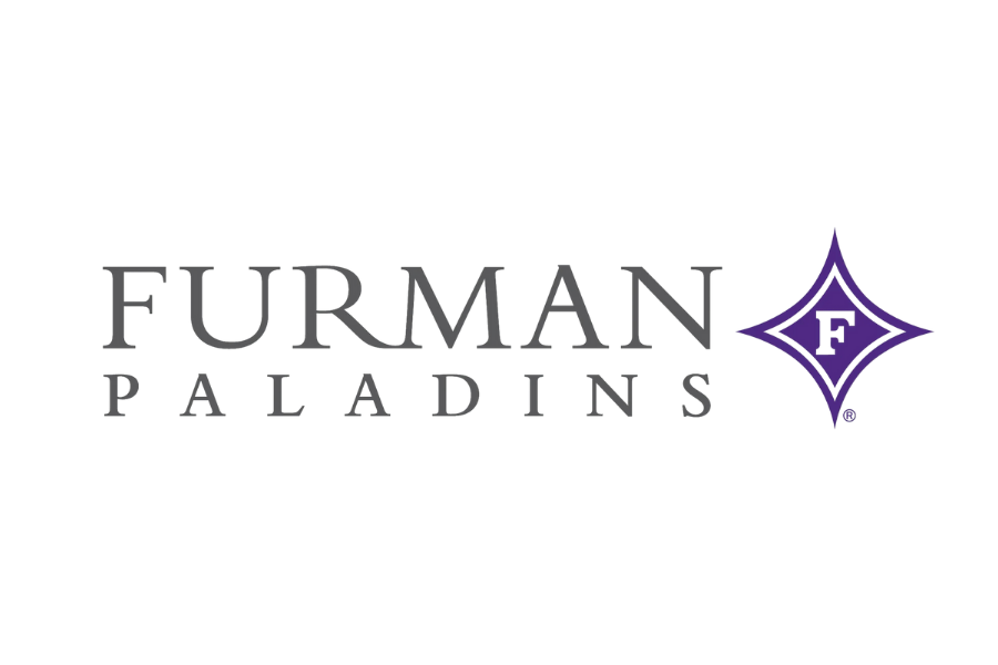 Furman Paladins logo with purple and black text and a purple emblem with the letter 'F'.
