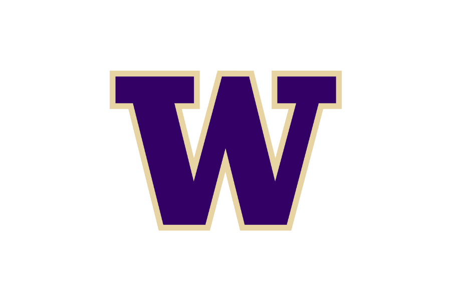 Large purple letter 'W' outlined in beige with black background.