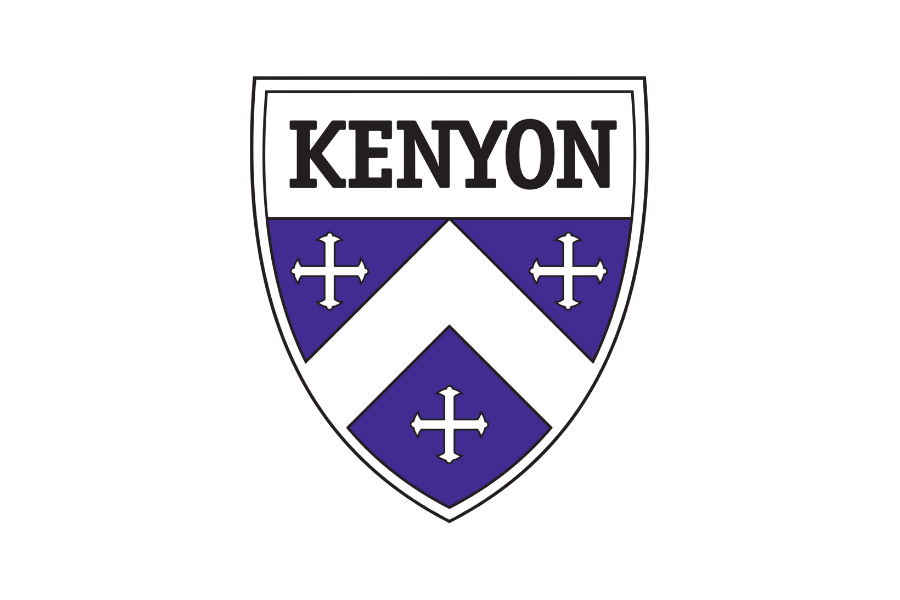 A shield-shaped emblem with the word 'KENYON' at the top, divided into three sections with a black and purple color scheme. The top section contains the text, and the three bottom sections have black cross symbols on purple backgrounds.
