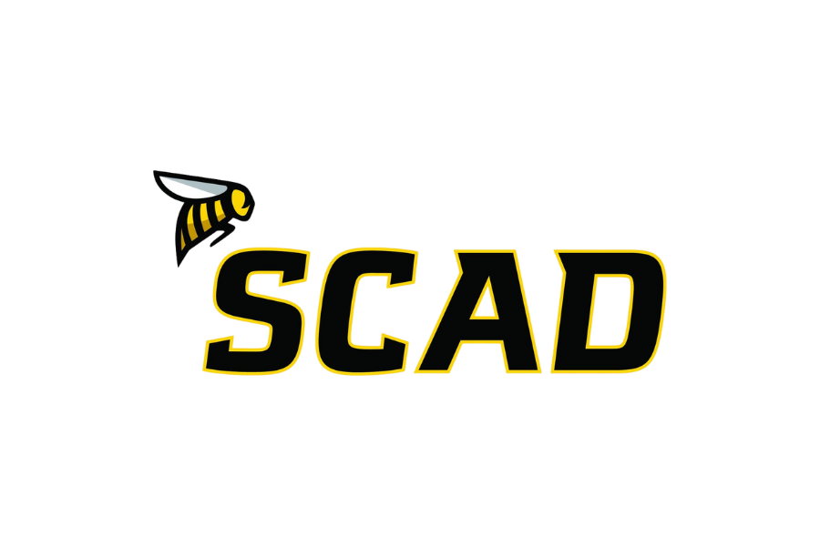 Logo of SCAD, Savannah College of Art and Design, featuring a bee and bold yellow and black lettering.