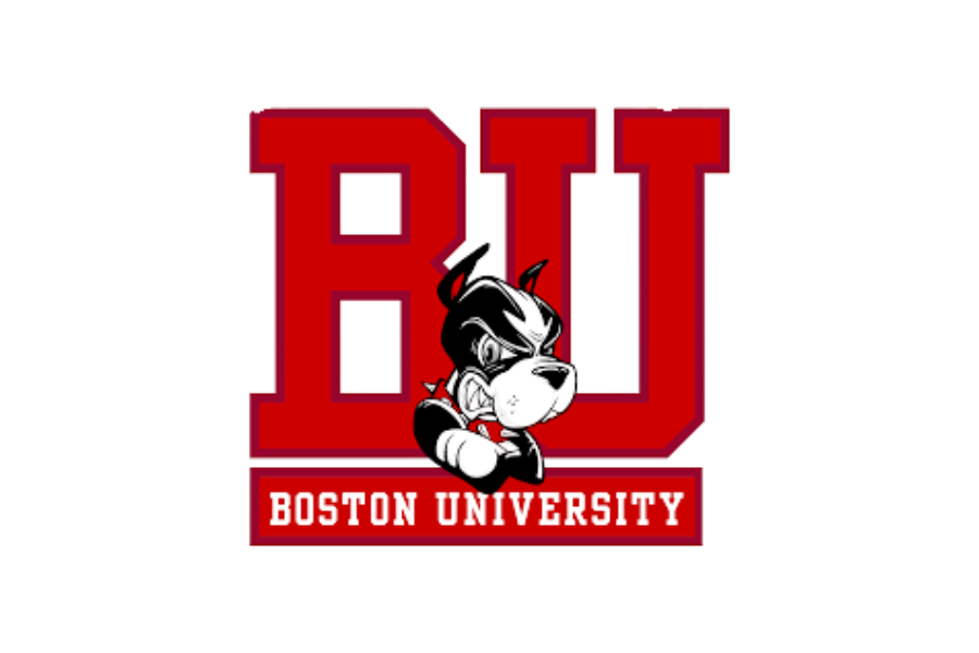 The Boston University logo featuring a black cat mascot sitting in front of the large red initials "BU" with "Boston University" written beneath.