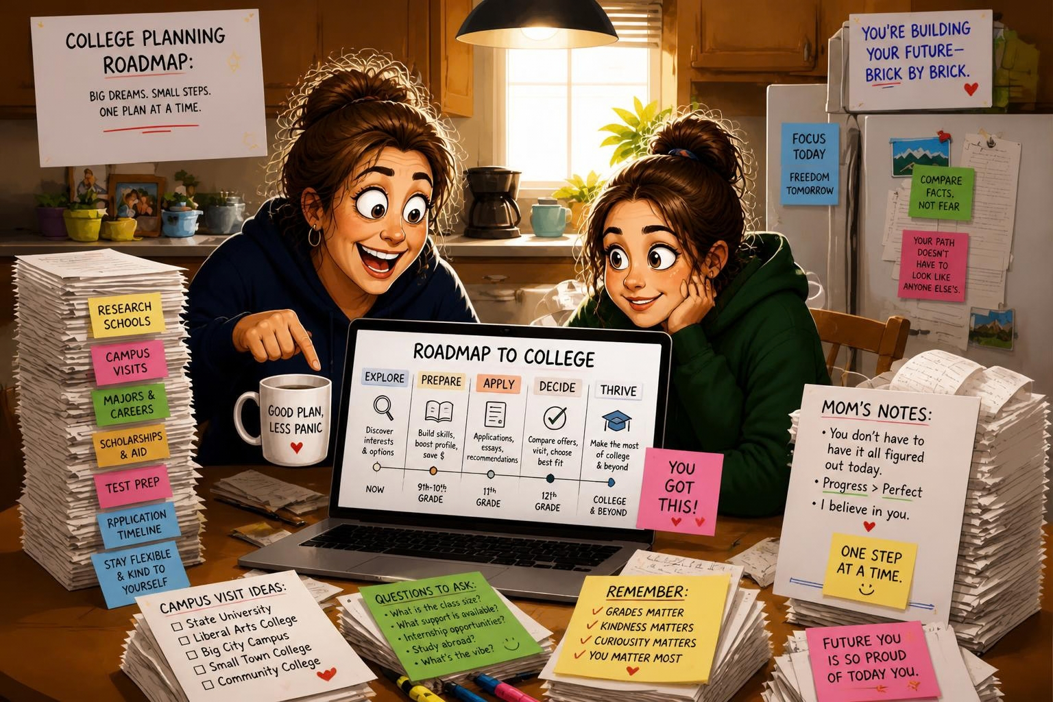 High school junior and parent organizing testing, college research, campus visits, activities, and summer plans.