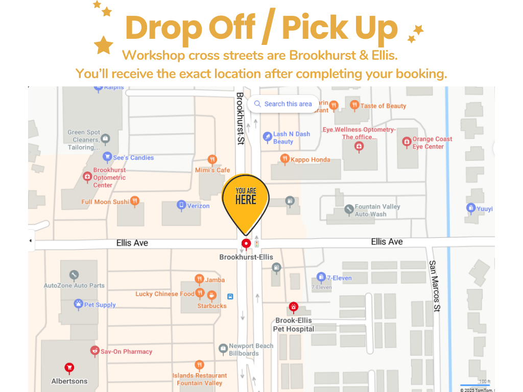 Map showing the location of Brookhurst and Ellis. Happening near Brookhurst Ellic, Kentaro Honda, Kappo Honda, and other businesses and landmarks.