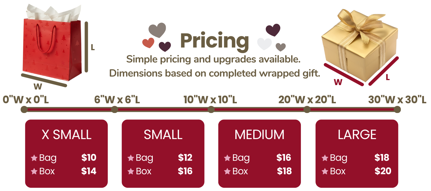 A menu showcasing different sizes of gift packages and prices, with a red gift bag icon on the left and a gold gift box icon with a ribbon on the right.