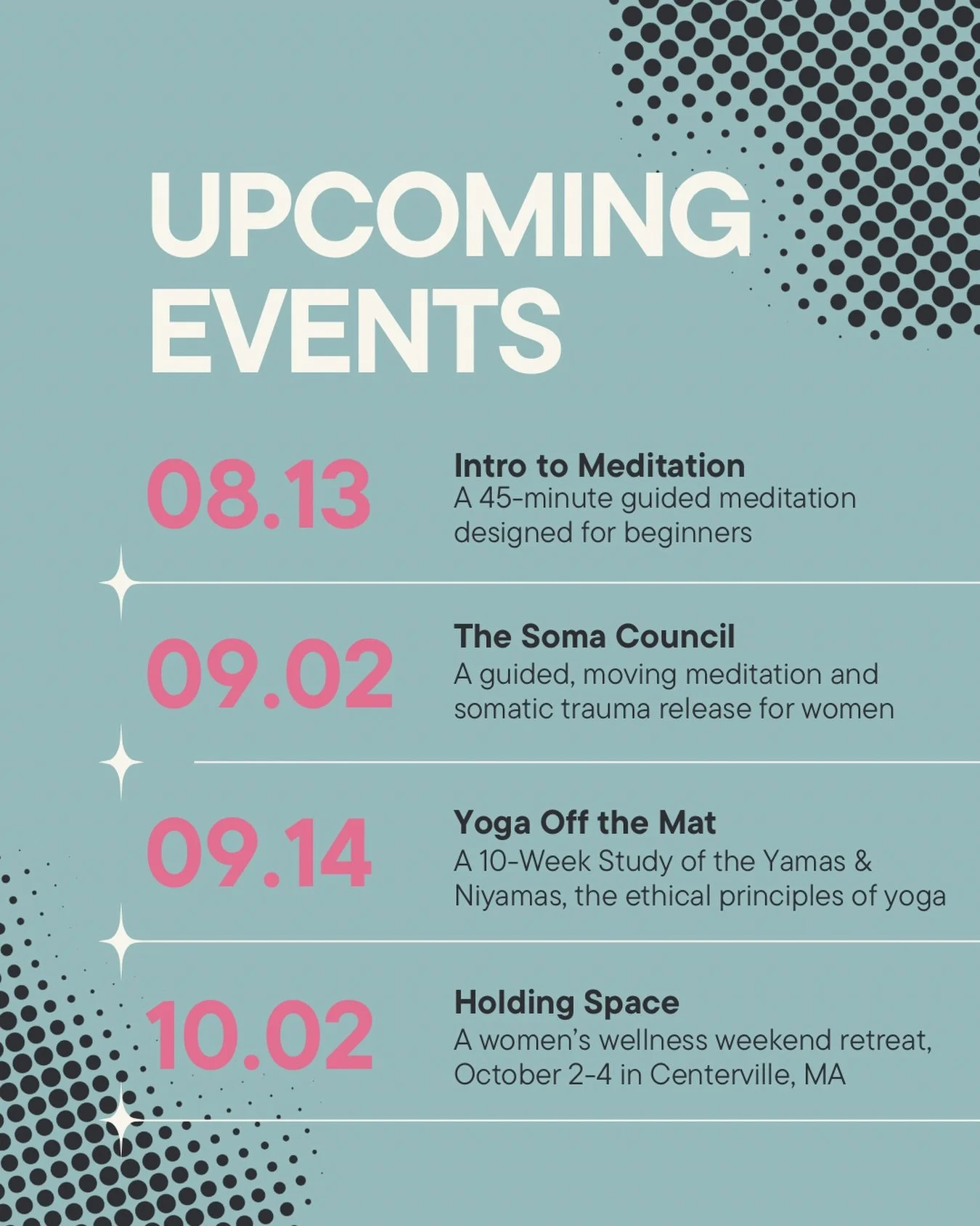 Mark your calendars!🗓️

We&rsquo;ve got so much to look forward to! From workshops, to yoga book clubs, to retreats, there&rsquo;s something for everyone✨

We can&rsquo;t wait to practice, learn, connect, and grow together🌿

#capecod #yoga #meditat