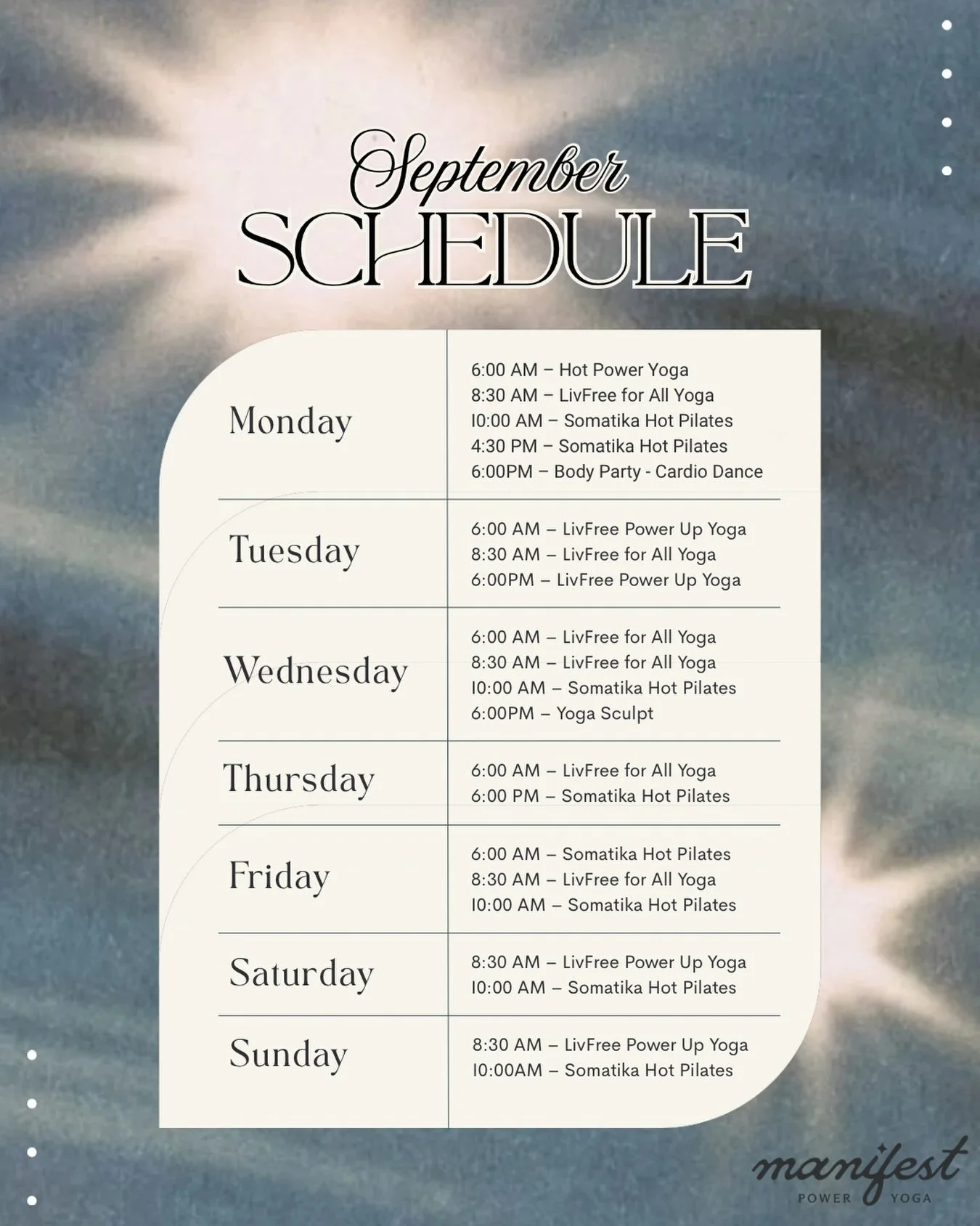 A new month, a shifting season🌞 

Through every change, your mat is still here. 

Check out our September class schedule and find your way back to the mat🧘&zwj;♀️

#capecod #september #yoga #pilates