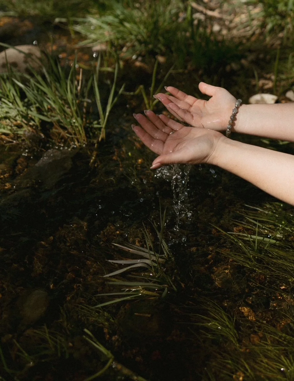 A pair of hands brushing water from a small stream with grass and stones nearby.