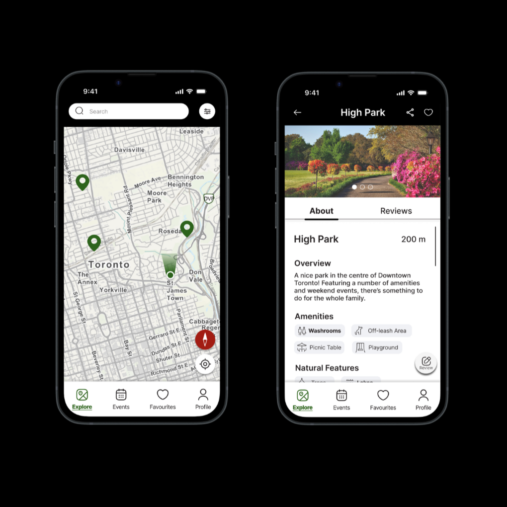 Screenshots of a mobile app displaying a map with location pins on the left and a park's details on the right, including a photo and amenities.