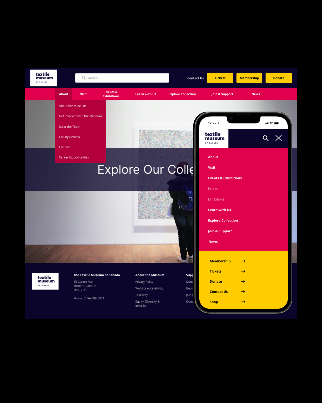 Website and mobile view of the Textile Museum of Canada's homepage displaying navigation menus, exhibit options, and contact information.