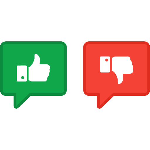 Green speech bubble with thumbs-up icon next to red speech bubble with thumbs-down icon.