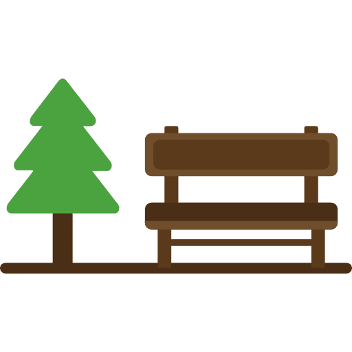 A digitally illustrated green pine tree and a brown park bench against a black background.