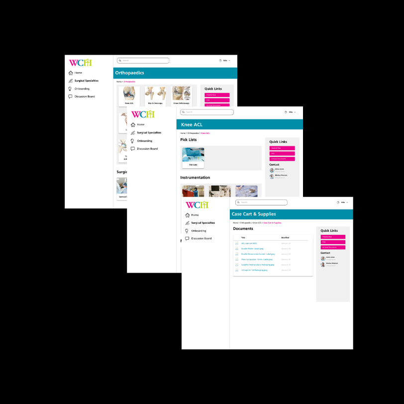 Screenshots of a healthcare website showcasing orthopedic, knee ACL, and case cart & supplies pages with menus, quick links, and medical document listings.