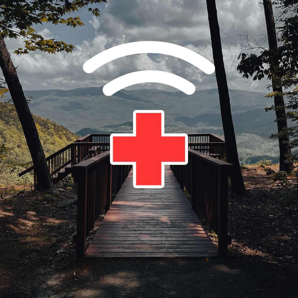 A wooden bridge in a forested area with mountains in the background, overlaid with a red cross and Wi-Fi signal icon.