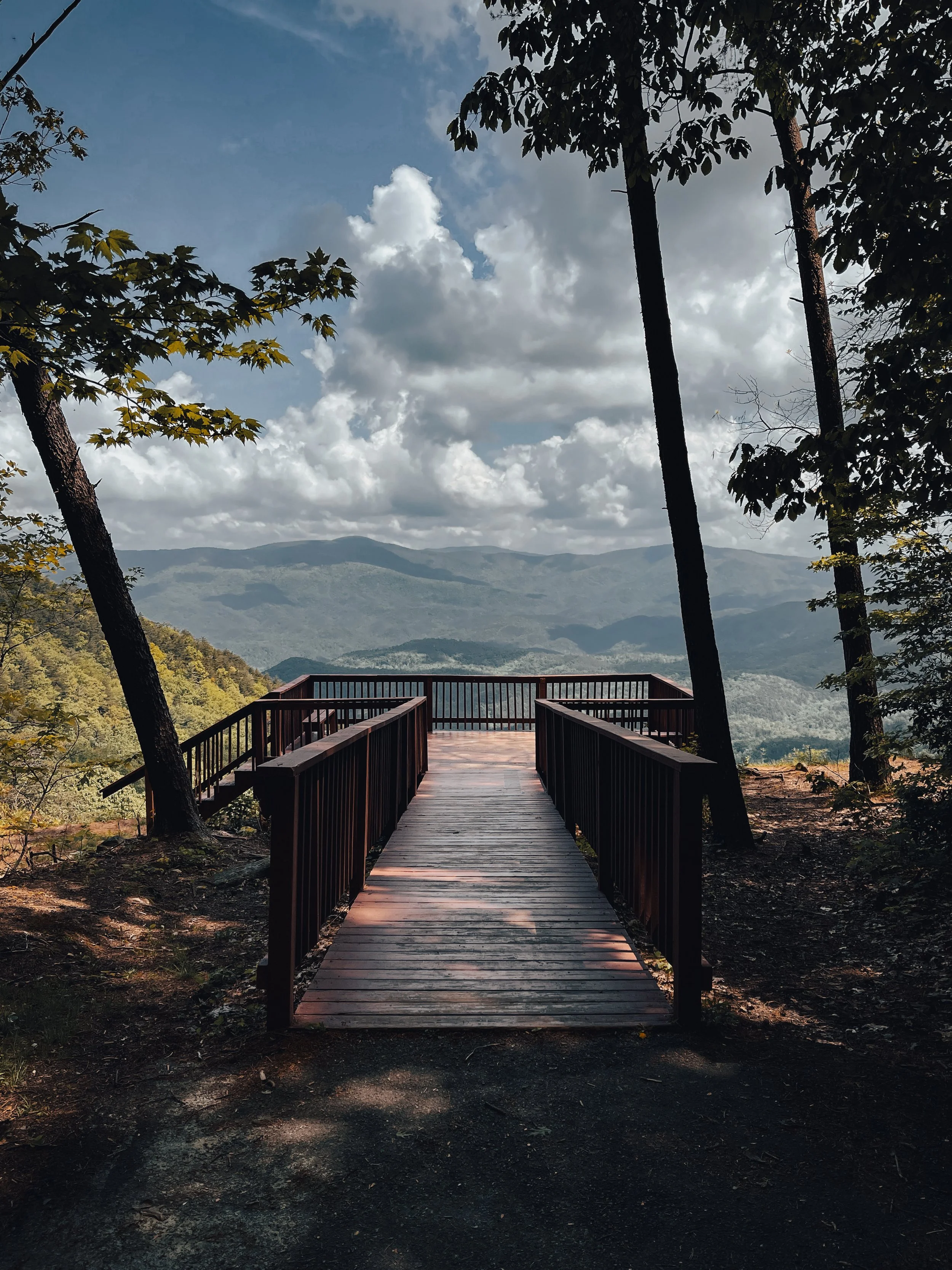 Wooden viewing platform overlooking a mountainous landscape with cloudy sky and trees in foreground.