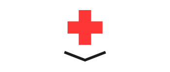 Red cross symbol with black lines forming a medical or rescue-related icon.