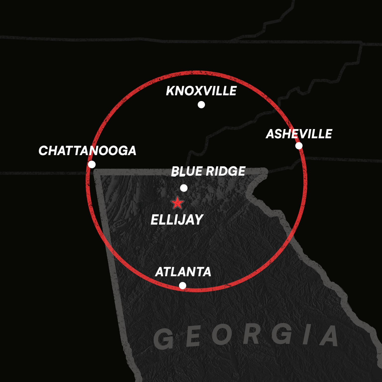 Map showing a circular route around the southeastern United States, including cities such as Atlanta, Chattanooga, Knoxville, Asheville, and Atlanta, with a marked location called Ellijay in Georgia.