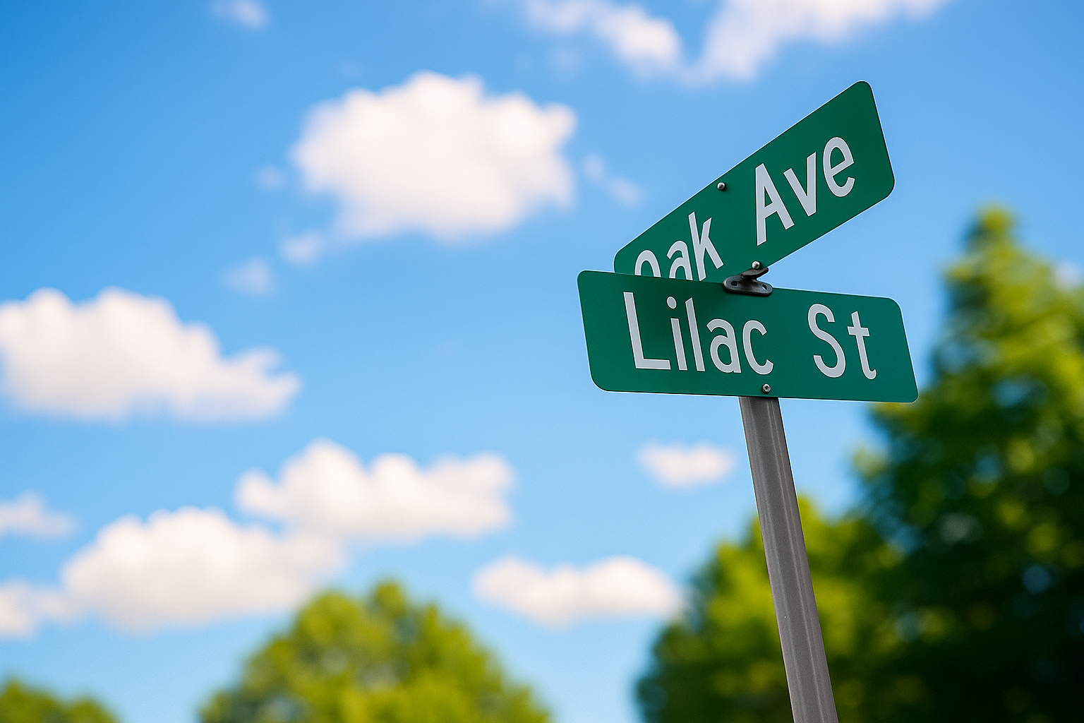 Street sign showing the intersection of Oak Ave and Lilac St against a blue sky with white clouds and blurred green trees in the background.