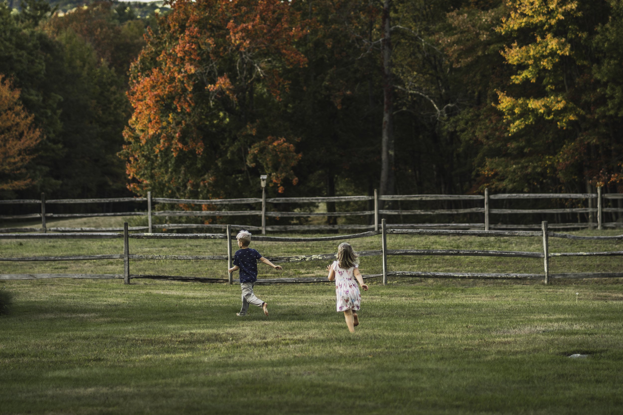 Two young siblings running through a grassy field near a rustic wooden fence with warm fall foliage during a family photography session.
