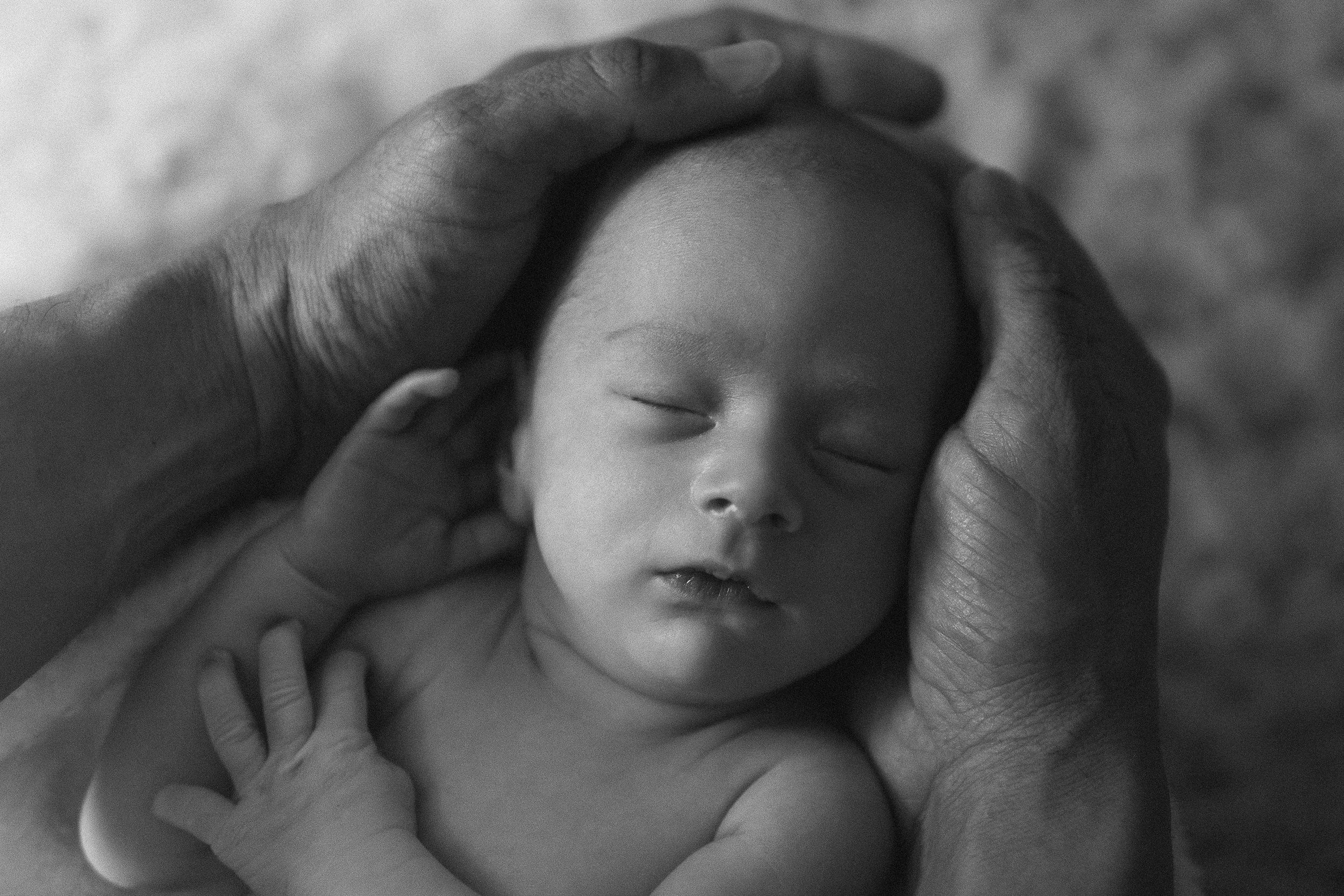 Black and white newborn portrait of a sleeping baby gently cradled in a parent’s hands during an in-home lifestyle session in Central Massachusetts.