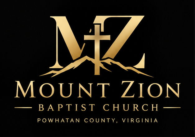 Logo for Mount Zion Baptist Church in Powhatan County, Virginia, featuring a mountain silhouette, a cross, and the church's name in gold text on a black background.