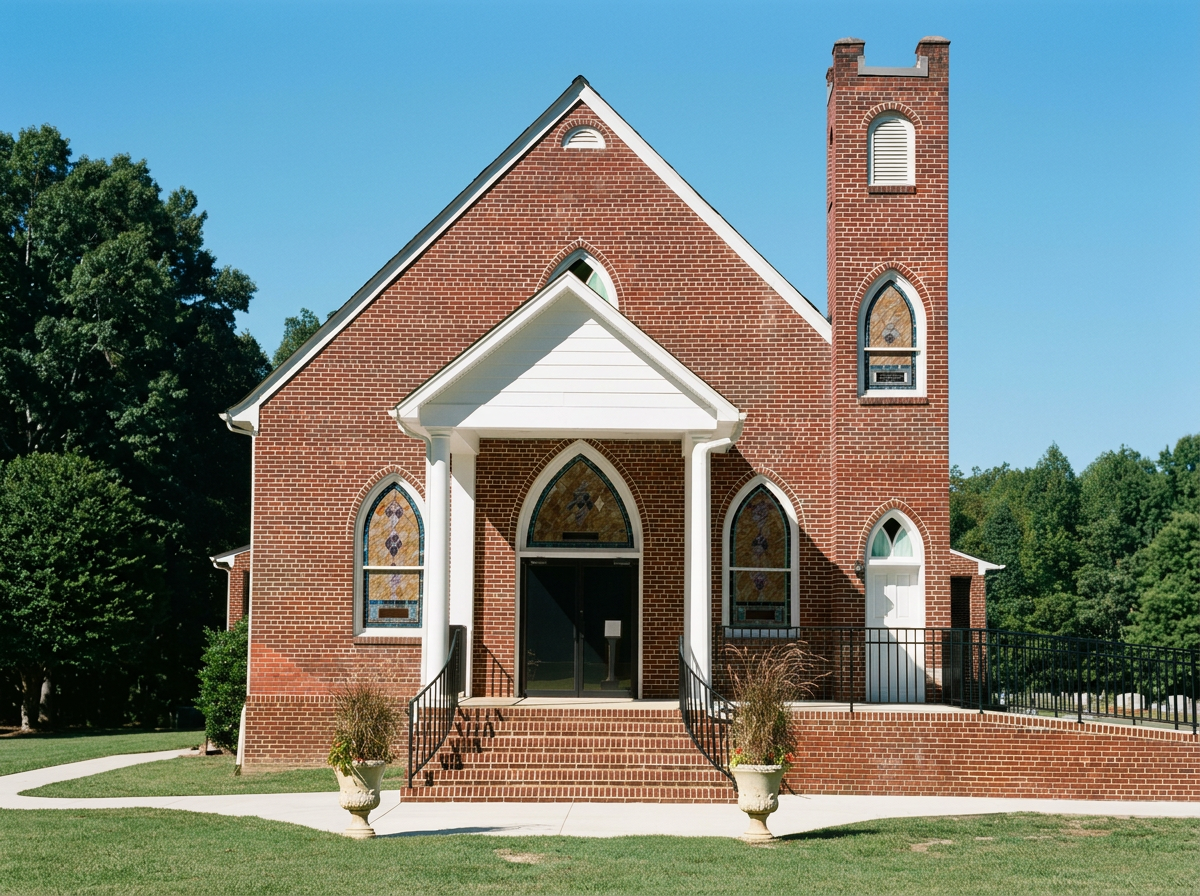 A brick church with arched stained glass windows, a steep roof, and a tall tower, set against a blue sky with trees in the background.