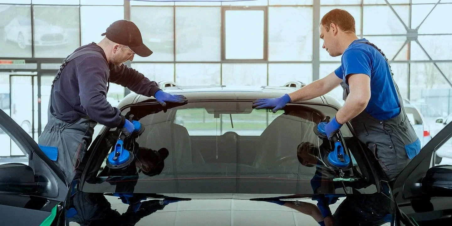 Two workers in gloves cleaning the windshield of a black car inside a bright showroom.