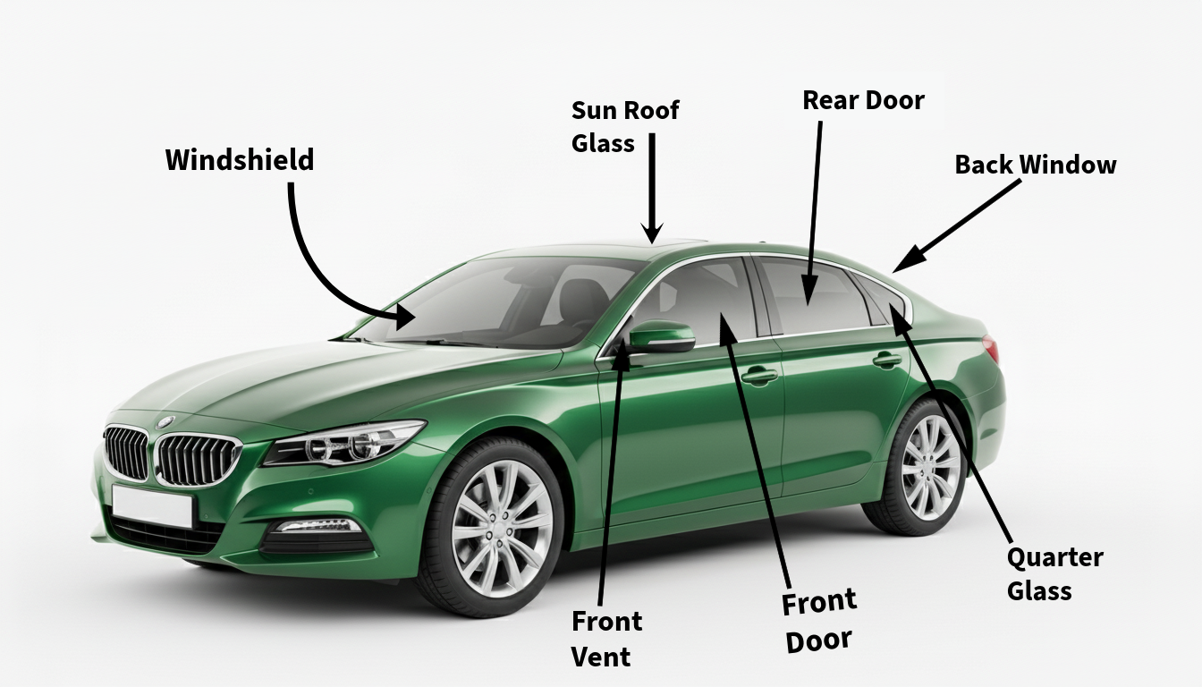 A green sedan car with labels pointing to its parts: windshield, front vent, front door, sun roof glass, rear door, back window, and quarter glass.