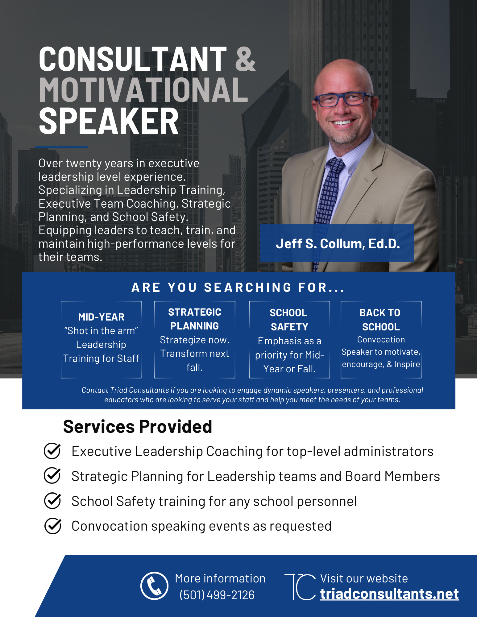 A professional flyer advertising Jeff S. Collum, Ed.D., a consultant and motivational speaker with over twenty years of experience in executive leadership training, strategic planning, school safety, and team coaching. The flyer features a photo of Jeff Collum in a beige suit and glasses, set against a cityscape background. It lists services, target audiences, contact info, and website, with sections emphasizing leadership training for staff, strategic planning, school safety, and motivational speaking engagements.