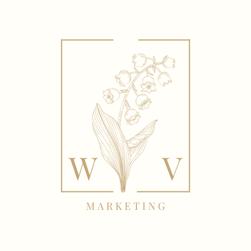 A minimalist logo with a line drawing of a lily of the valley flower within a rectangular border, with the words "W" and "V" on either side and the word "Marketing" below.