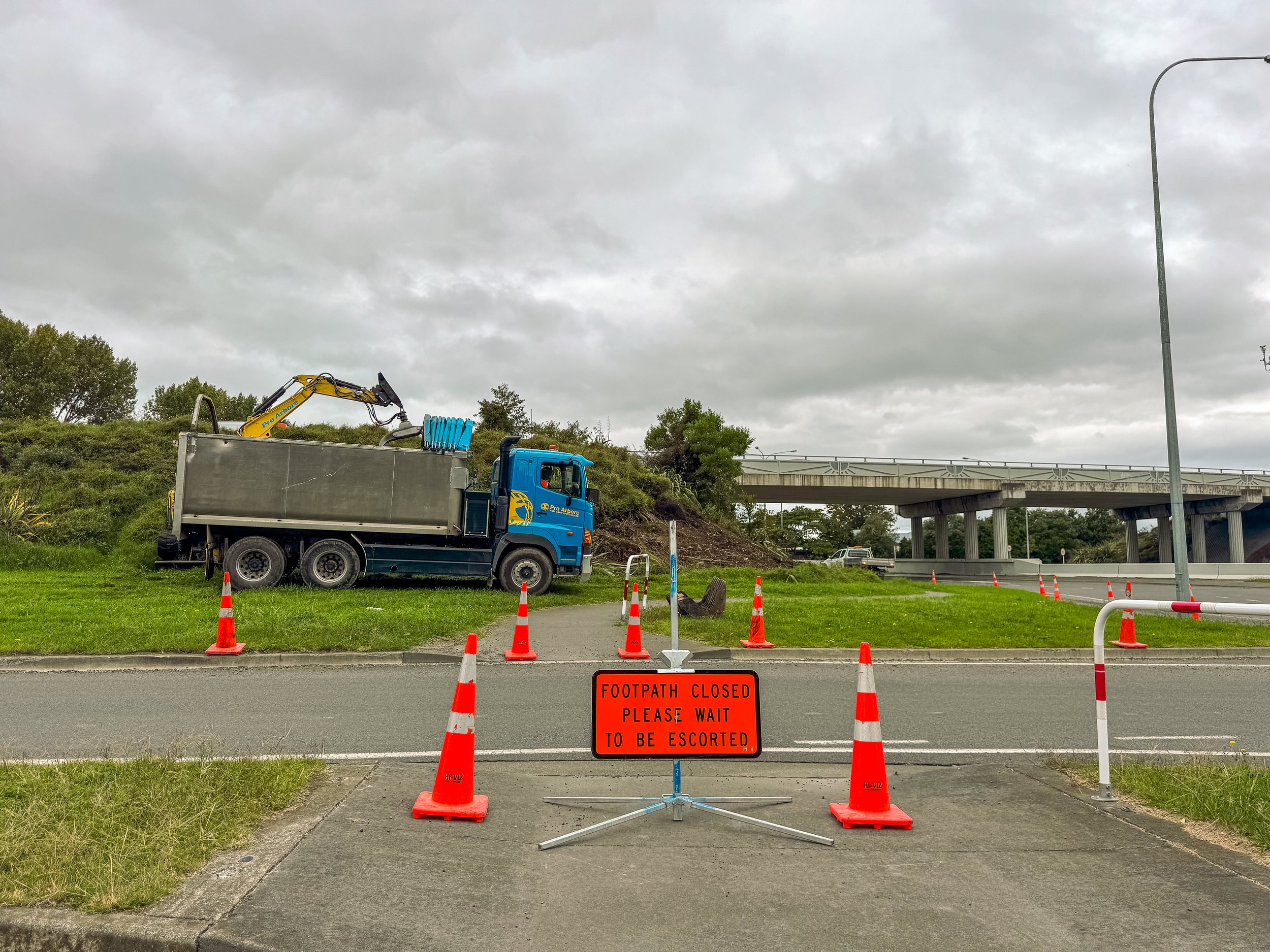 Hi-Viz TTM footpath closure for Pro-Aroboure to fell trees around the Napier expressway