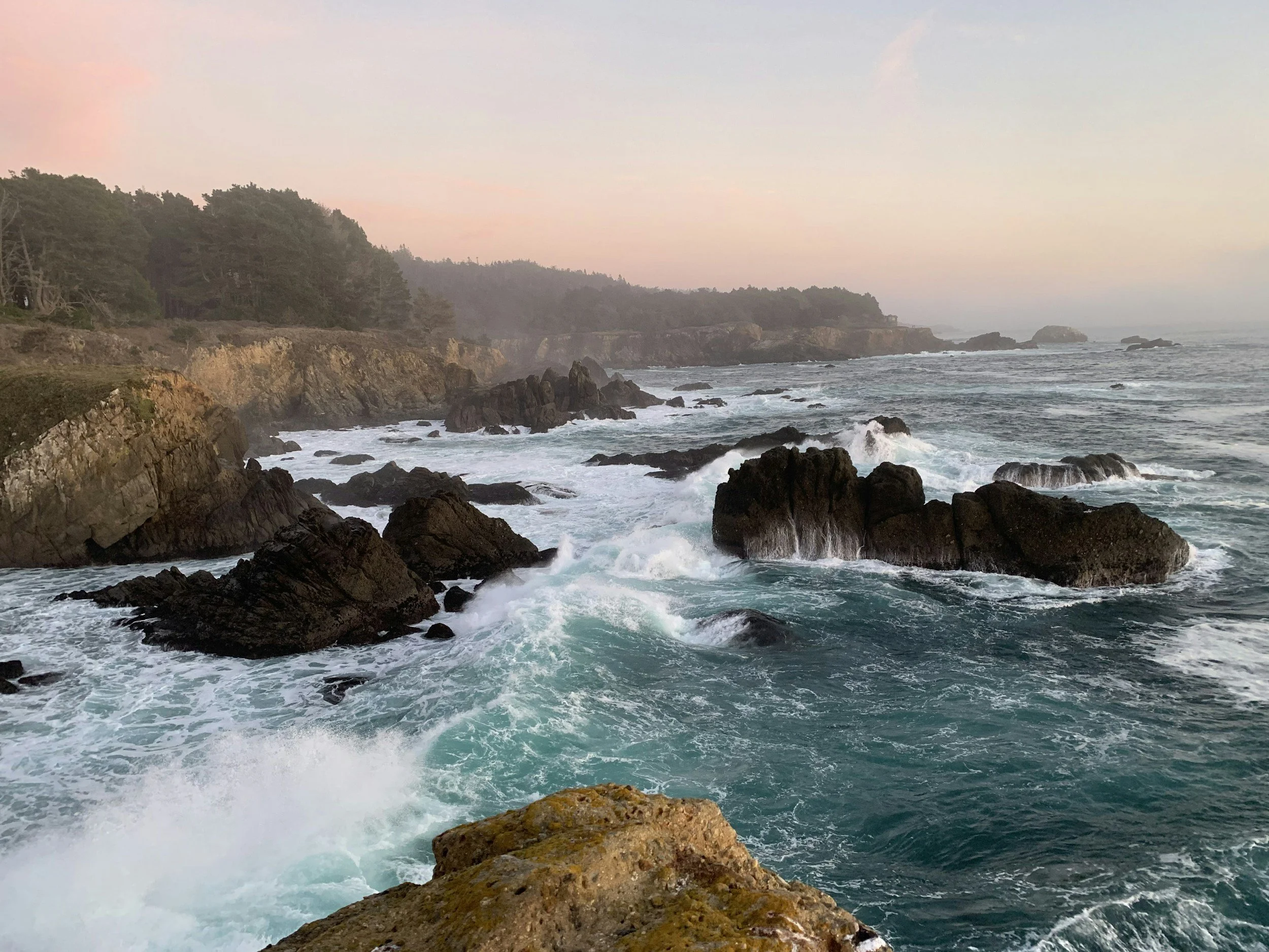 Rocks near the shoreline and waves splashing in Bodega Bay, California