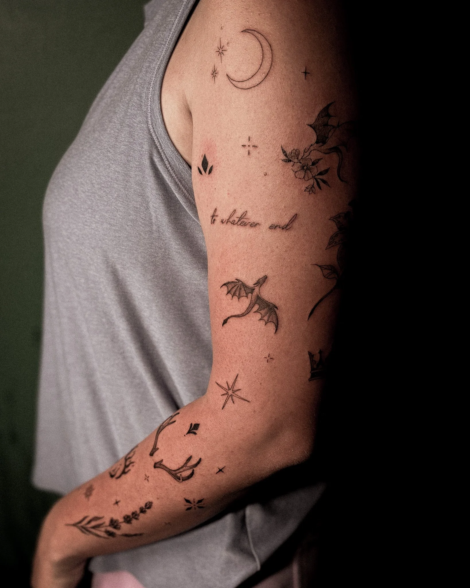 Sticker Sleeve Tattoo featuring dragons, stars, antlers and text inspired by Throne of Glass Book Series