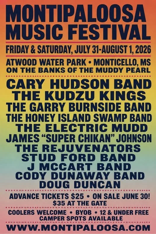 Montipaloosa Music Festival 2026 lineup poster - July 31-August 1, Atwood Water Park, Monticello MS