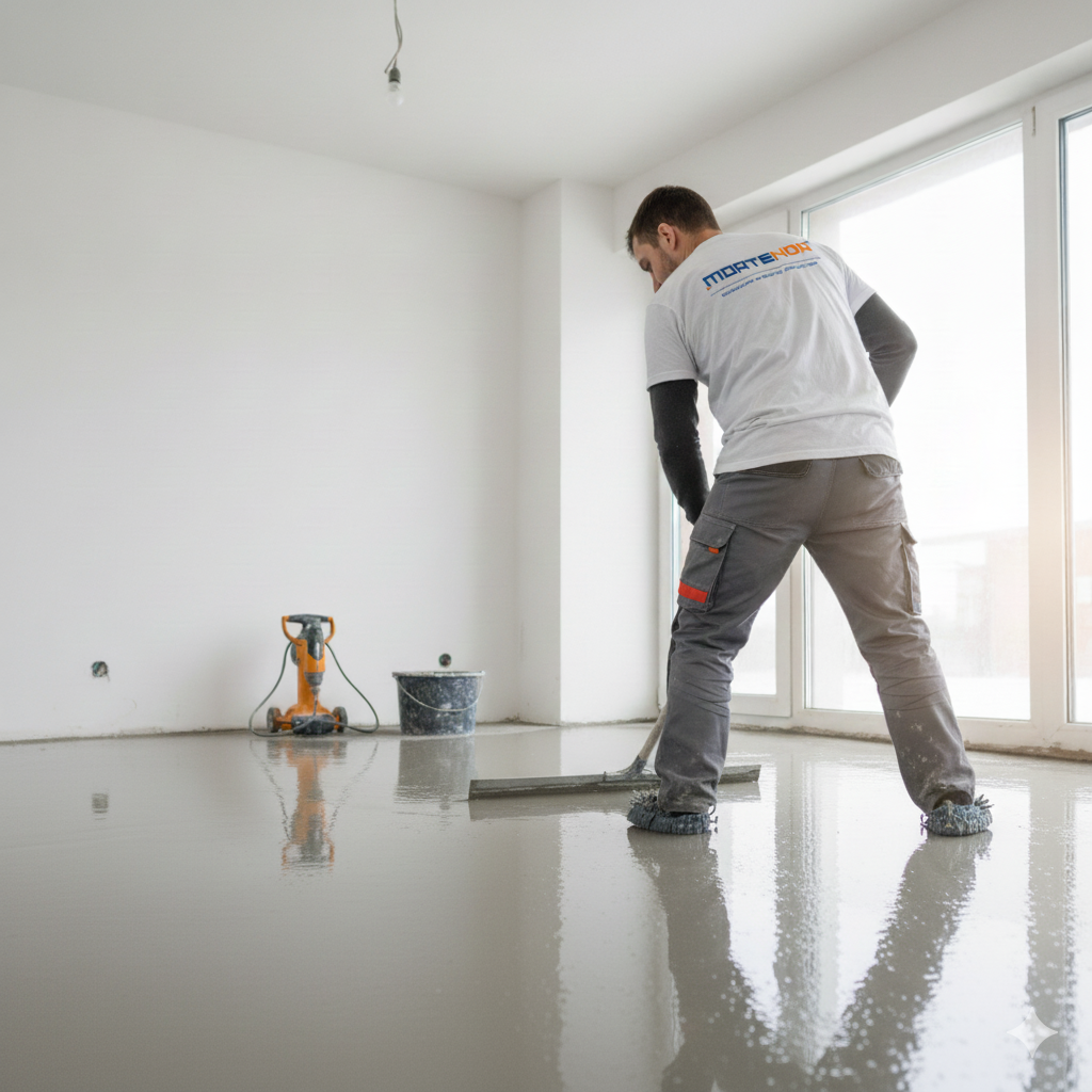 Operario de MORTENOR aplicando mortero autonivelante en una vivienda con acabado liso y nivelado.