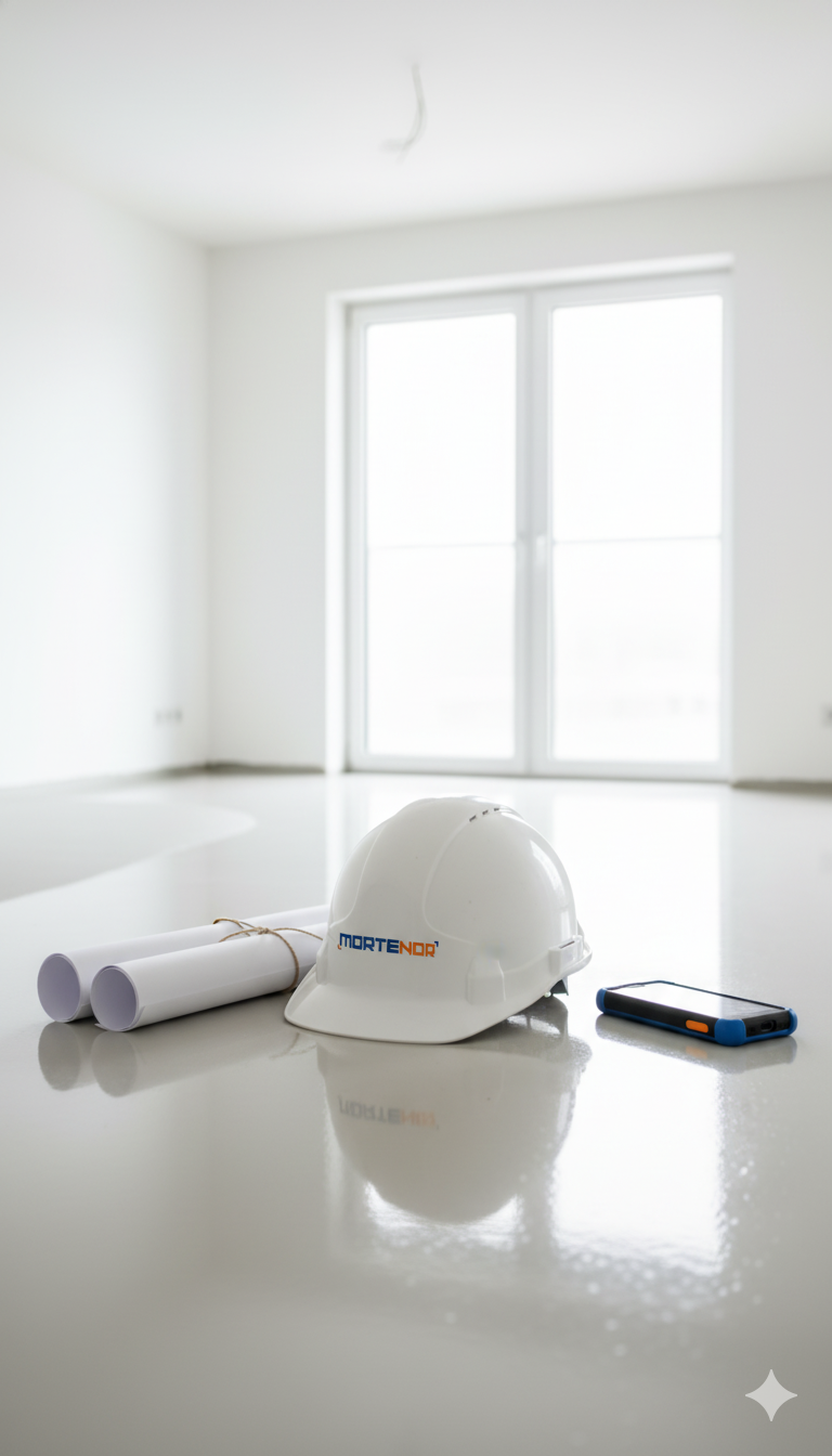 Casco de MORTENOR sobre un suelo autonivelante recién aplicado, junto a planos y un teléfono de obra.