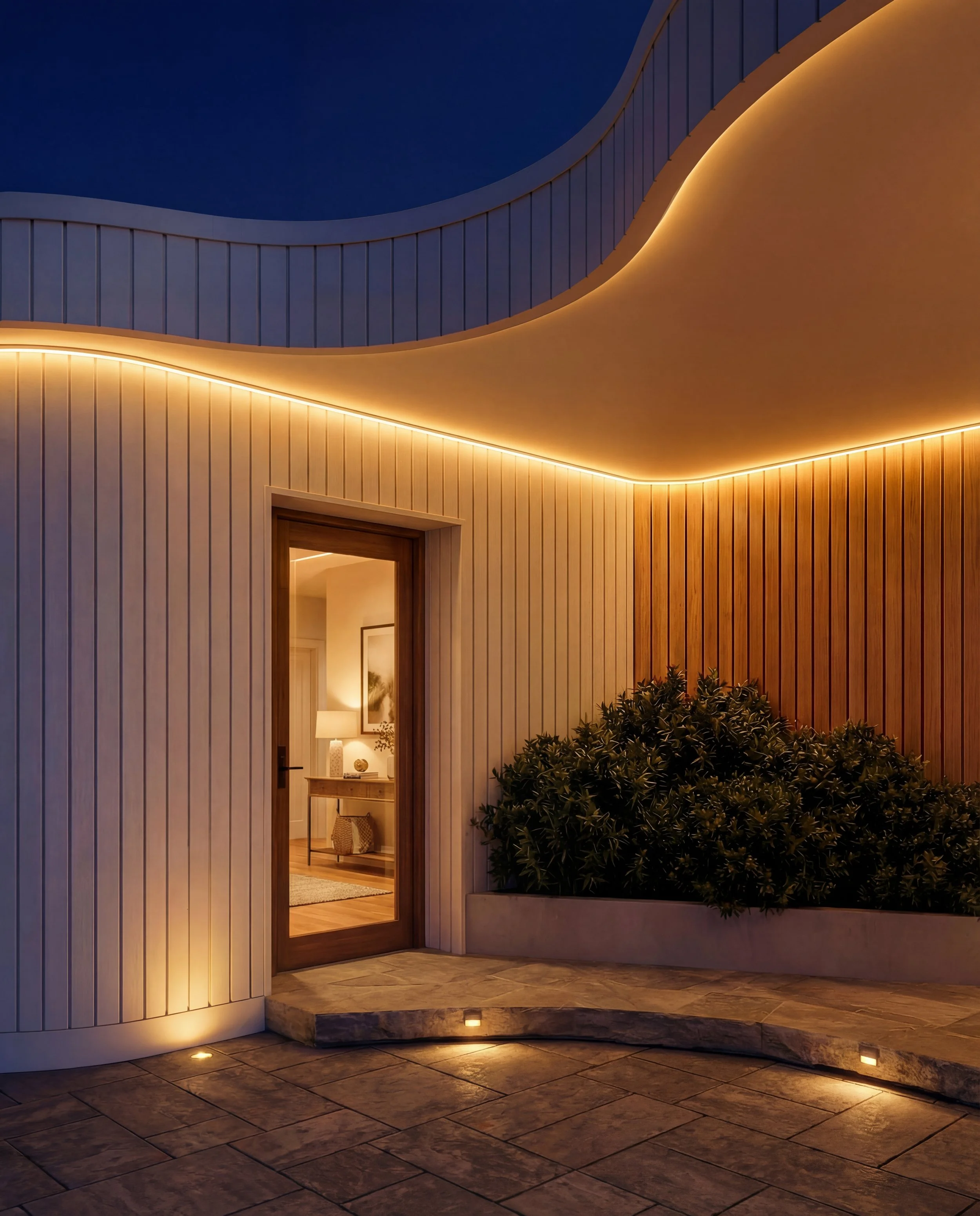 Modern house exterior with vertical wood siding, a wooden door, warm lighting accents, a large shrub, and a stone patio at dusk.