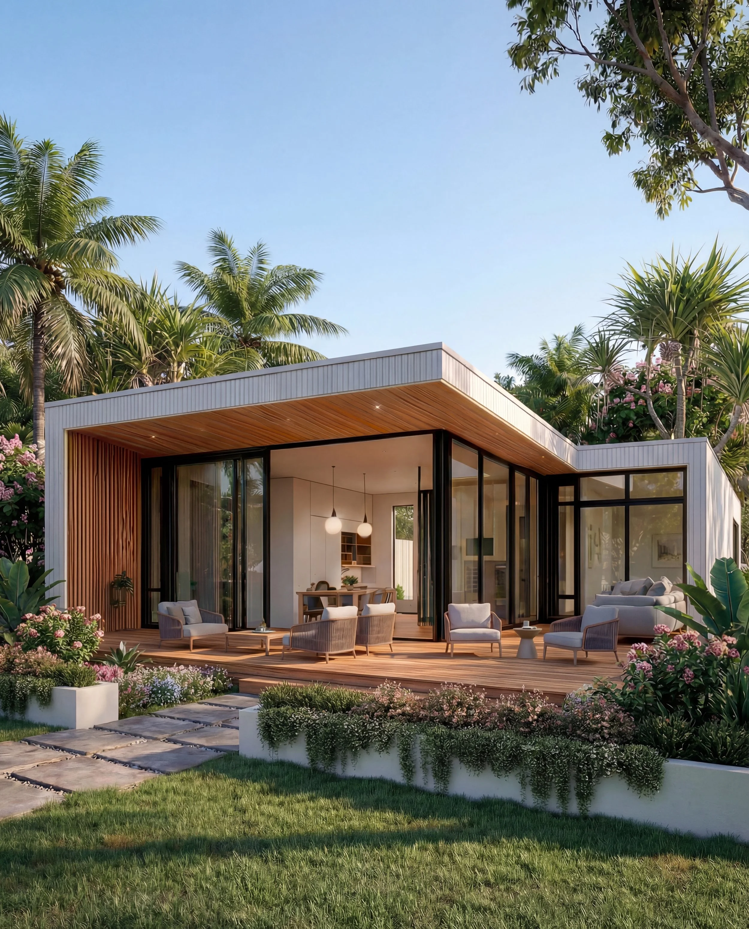 Modern house with large glass doors and outdoor patio, surrounded by lush greenery and tropical trees, under a clear blue sky.