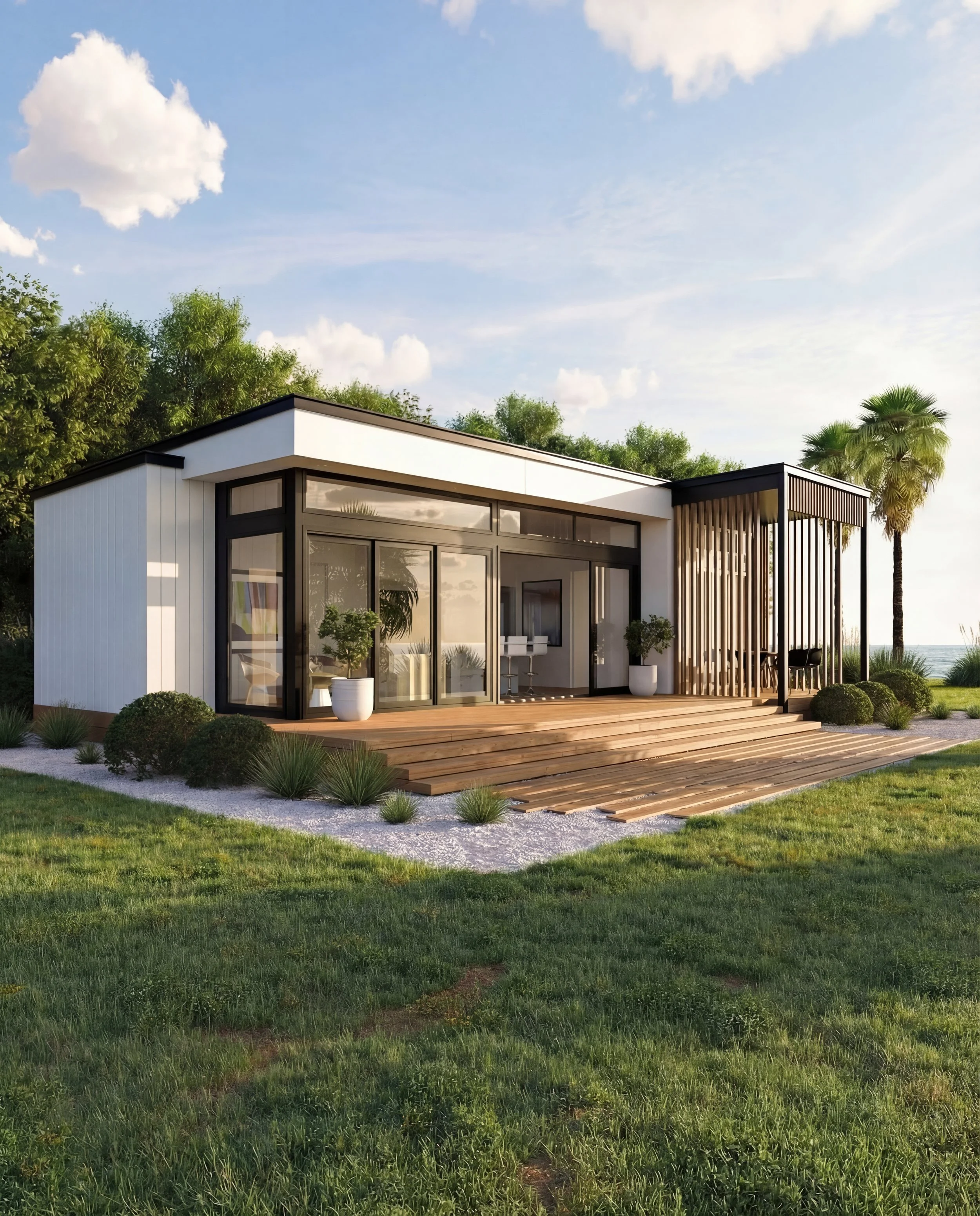 Modern single-story house with large glass windows, a wooden deck, and surrounding greenery including palm trees and shrubs.