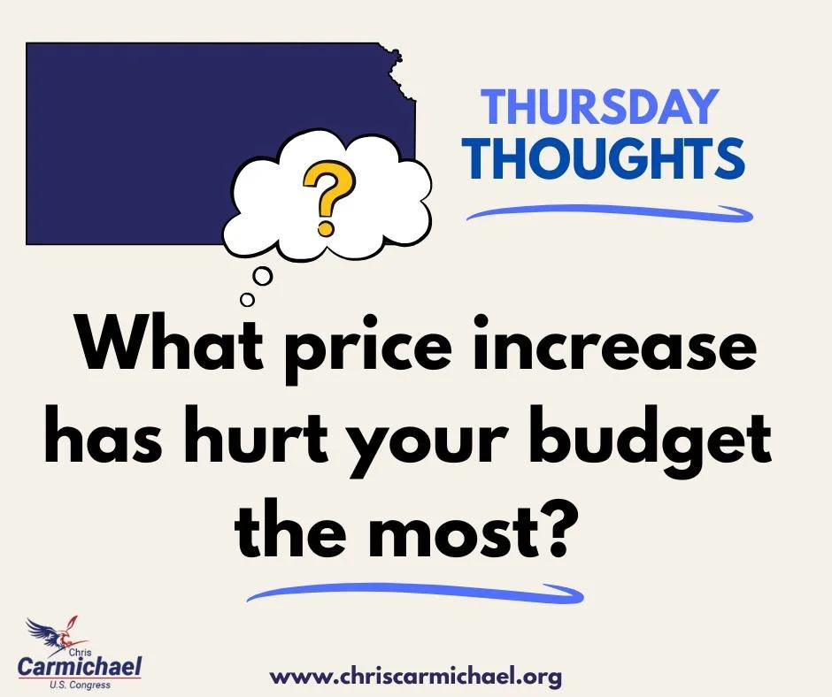 Welcome to Thursday Thoughts 💭 
Every Thursday, I'll be asking Kansans: what questions or concerns do you have about our state?
Your voice helps guide the conversation, so I can go from listening to putting things into real action.

 #ActionForKansa