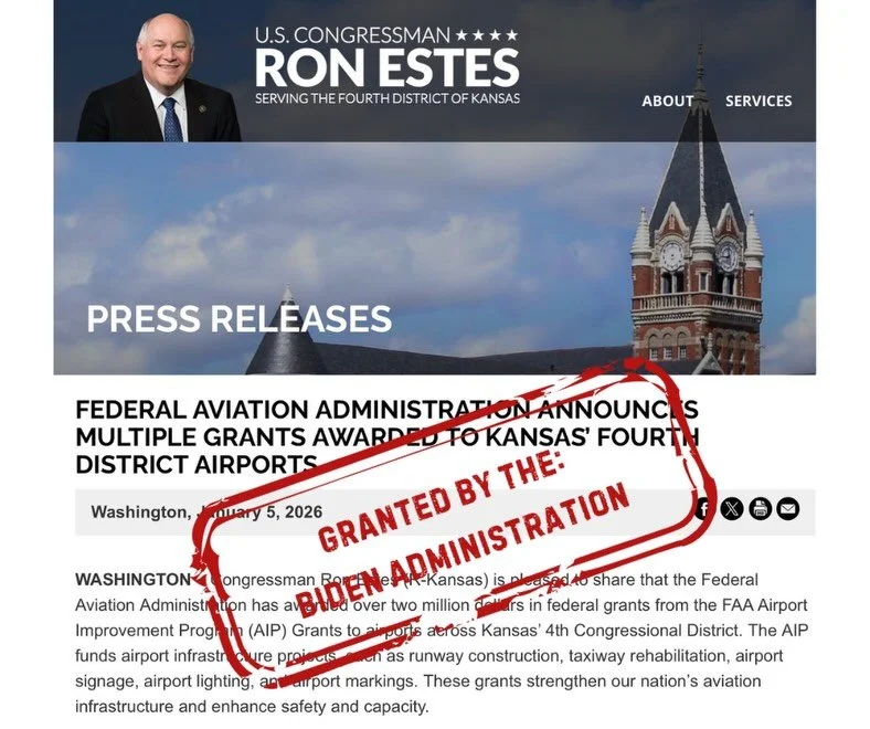 Fixed it for you, Ron.
 That $2+ million for KS-04 airports? ✅ Authorized in 2021 ✅ Part of a Biden-era infrastructure law ✅ A bill Ron Estes voted against

Glad to see you celebrating it now. ☺️

#factcheck #kansaspolitics #transparency #politics #a