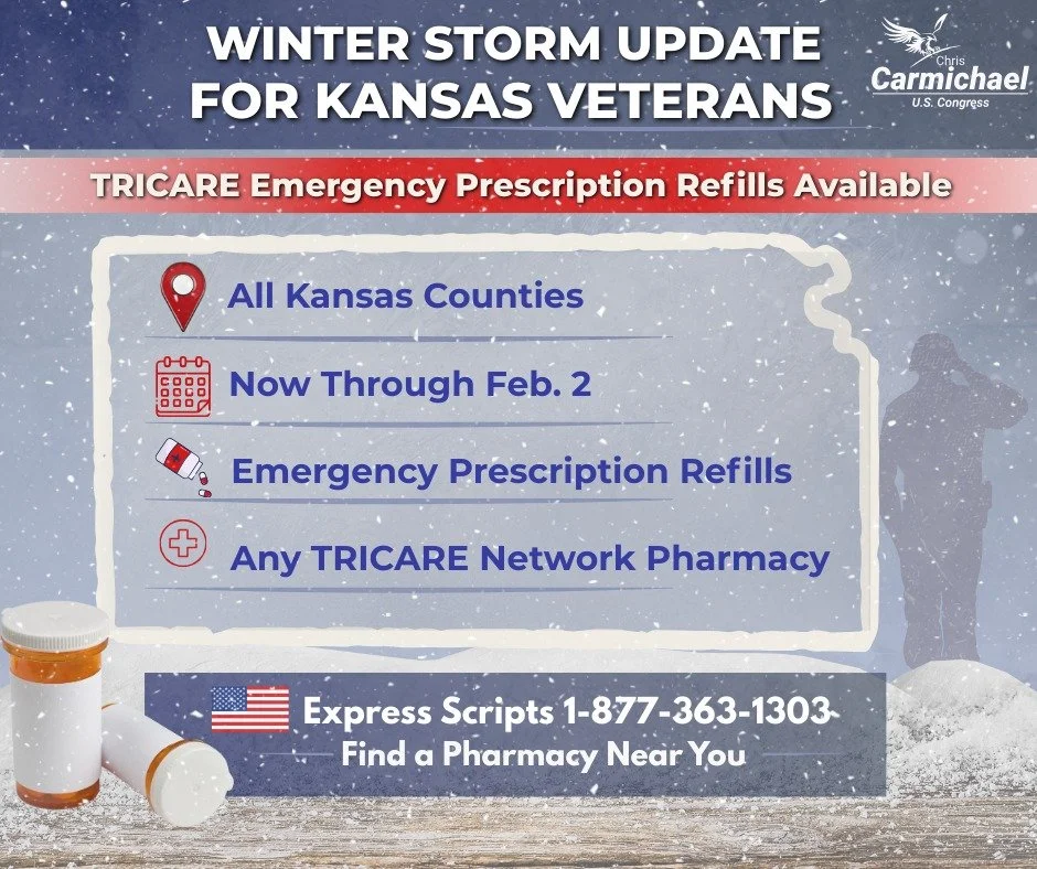 Kansas veterans: The Defense Health Agency says TRICARE beneficiaries statewide can get emergency prescription refills now through Feb. 2 due to severe weather.
You can take your prescription bottle to any TRICARE retail network pharmacy. All countie