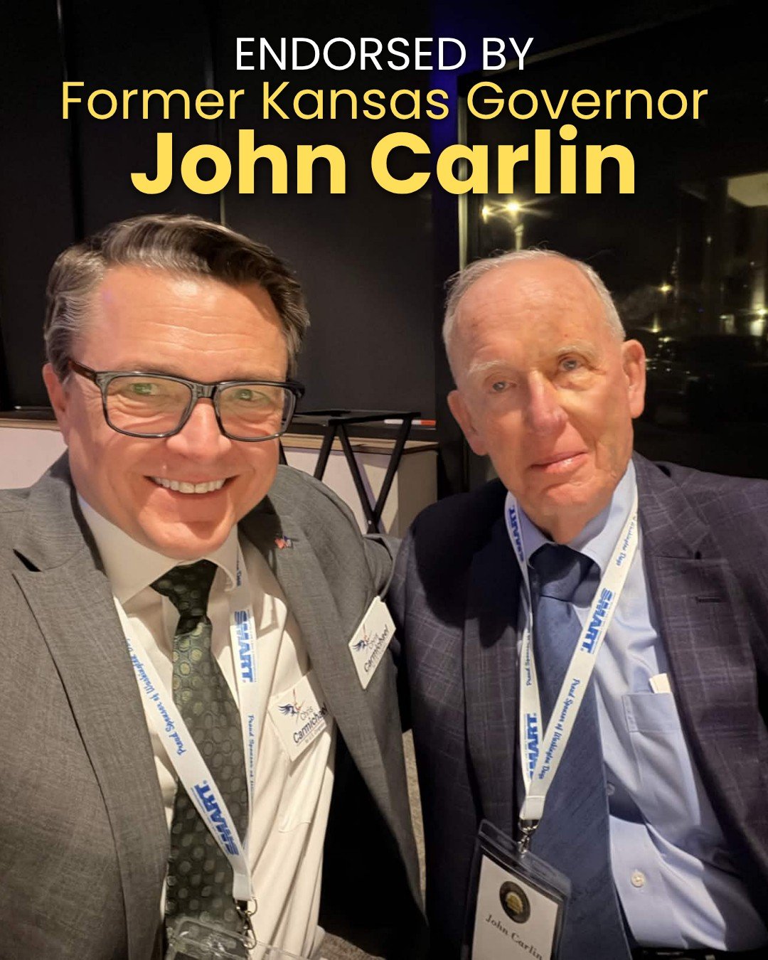 I&rsquo;m honored to have the support of former Kansas Governor John Carlin.

Governor Carlin knows what it means to serve Kansas with integrity and his words mean a great deal to me.

&ldquo;Chris has the discipline and determination to succeed&hell