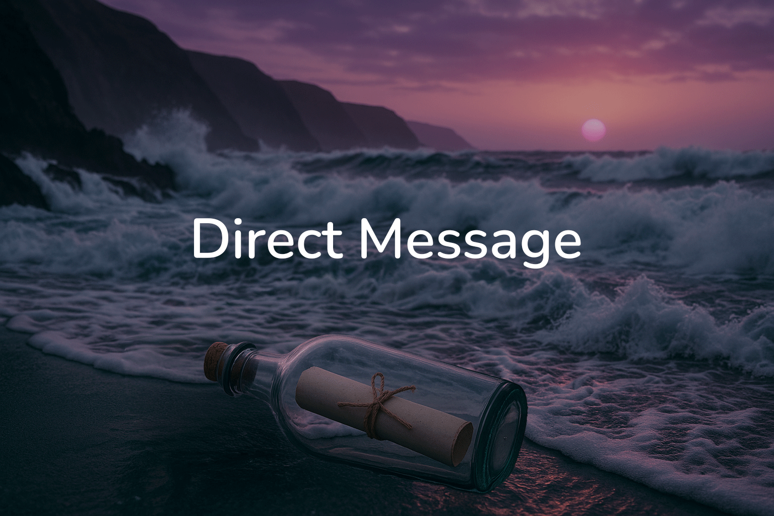Send a direct message to Aeilea Media — message in a bottle on the shoreline at sunset